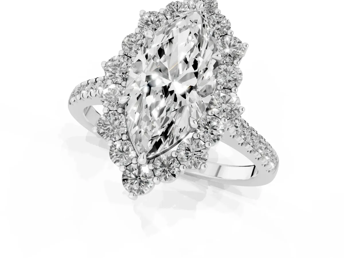 Marquise Cut Halo Diamond Ring with Pavé Band and Prong Setting Platinum