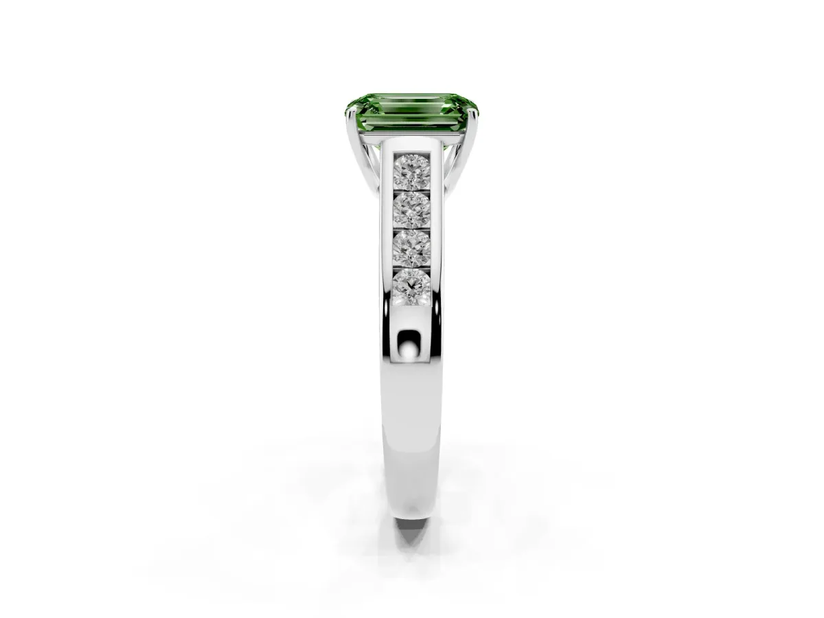 Fancy Green Emerald Cut Brilliant Channel-Set Solitaire Ring with Four-Prong Setting White gold