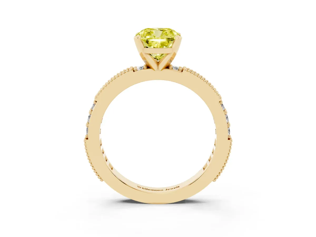 Fancy Yellow Cushion Cut Solitaire with Pavé Band and Four-Prong Setting Yellow gold