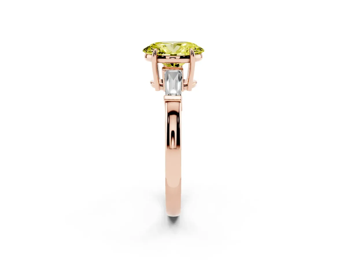 Fancy Yellow Oval Cut Diamond Three-Stone Ring with Tapered Baguette Side Stones and Prong Setting Rose gold