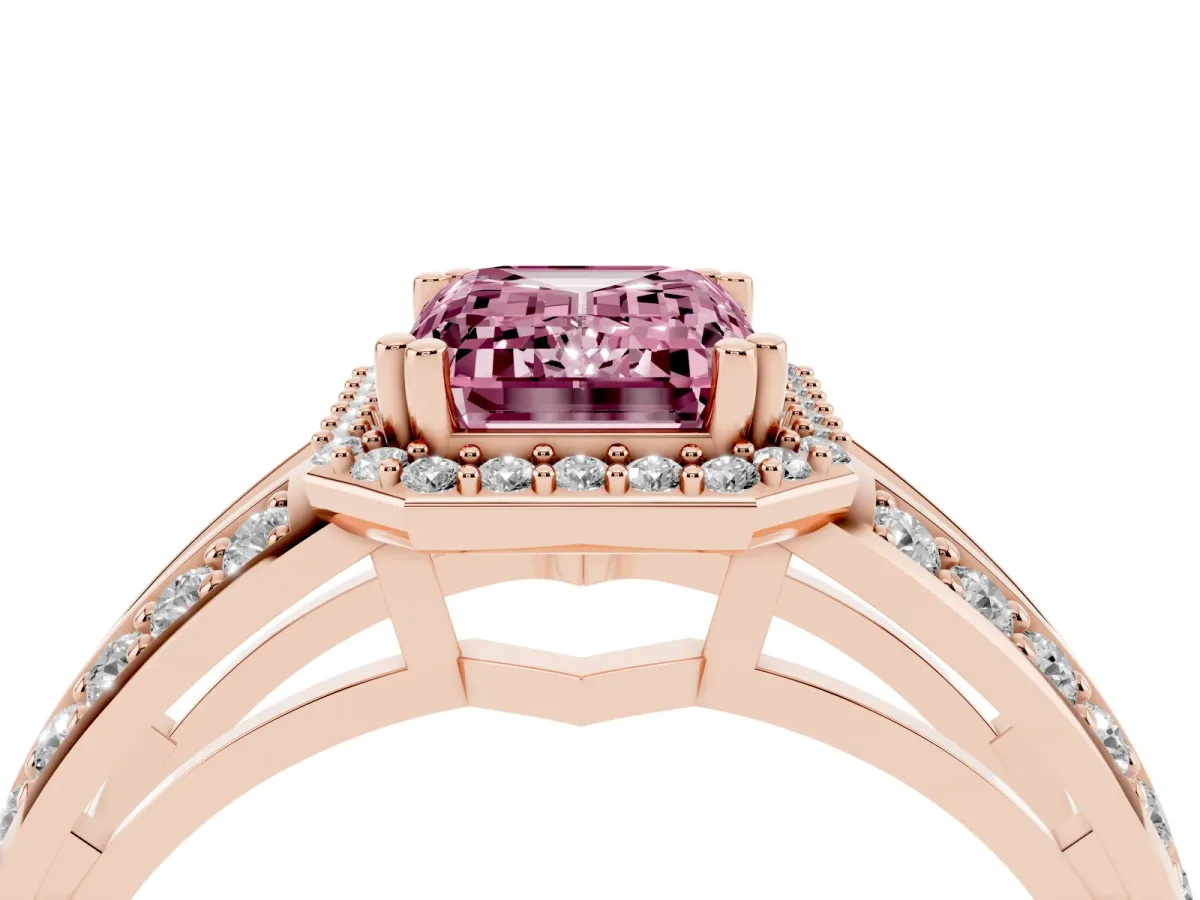 Fancy Pink Emerald Cut Diamond Halo Ring with Split Shank Pavé Band and Four-Prong Setting Rose gold