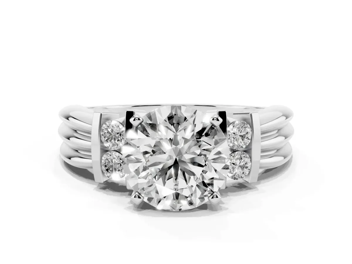 Round Cut Cut Three-Stone Channel Set Ring with Bar Prongs Silver