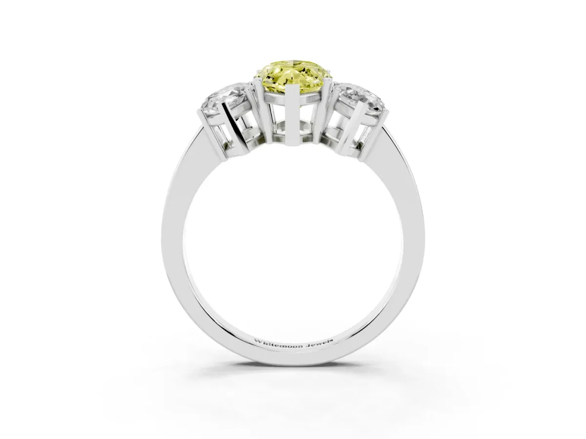 Fancy Yellow Three-Stone Marquise Cut Cut Diamond Engagement Ring with Flat Band and Four-Prong Setting Silver