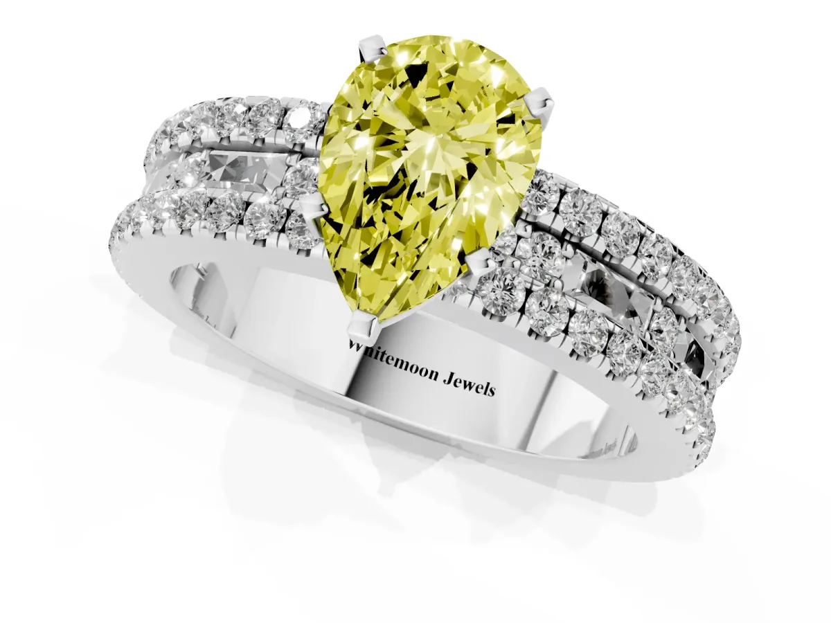 Fancy Yellow Pear Cut Diamond Solitaire Ring with Pavé and Channel Set Band Silver