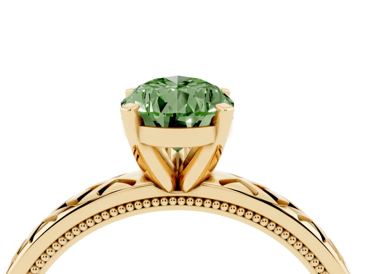 Fancy Green Pear Cut Solitaire Diamond Ring with Milgrain and Black Enamel X Pattern Band Yellow gold