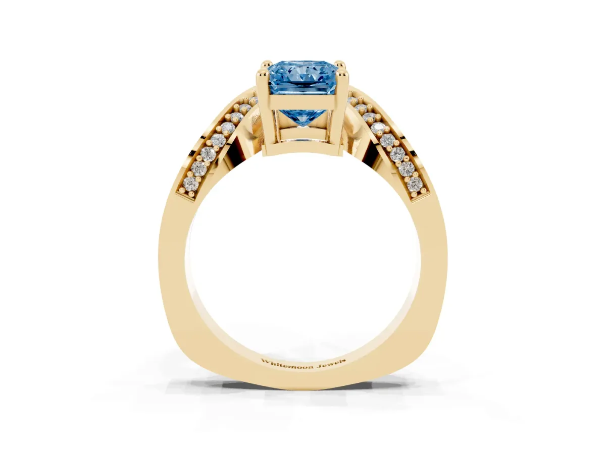 Fancy Blue Radiant Cut Solitaire Diamond Engagement Ring with Pave Band and Four-Prong Setting Yellow gold
