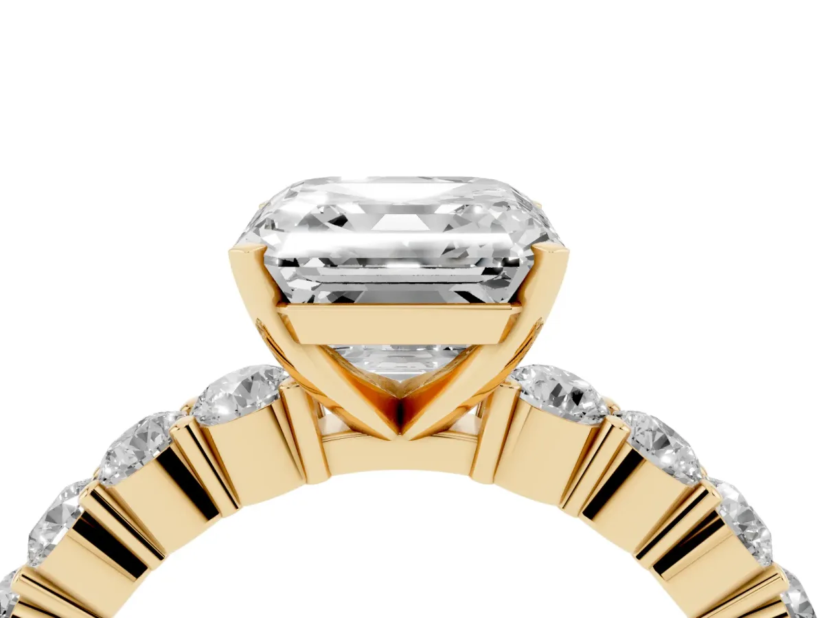 Asscher Cut Diamond Solitaire Ring with Shared Prong Round Side Stones Yellow gold