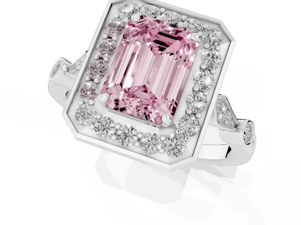 Fancy Pink Emerald Cut Halo Diamond Engagement Ring with Twisted Band and Four-Prong Setting Platinum