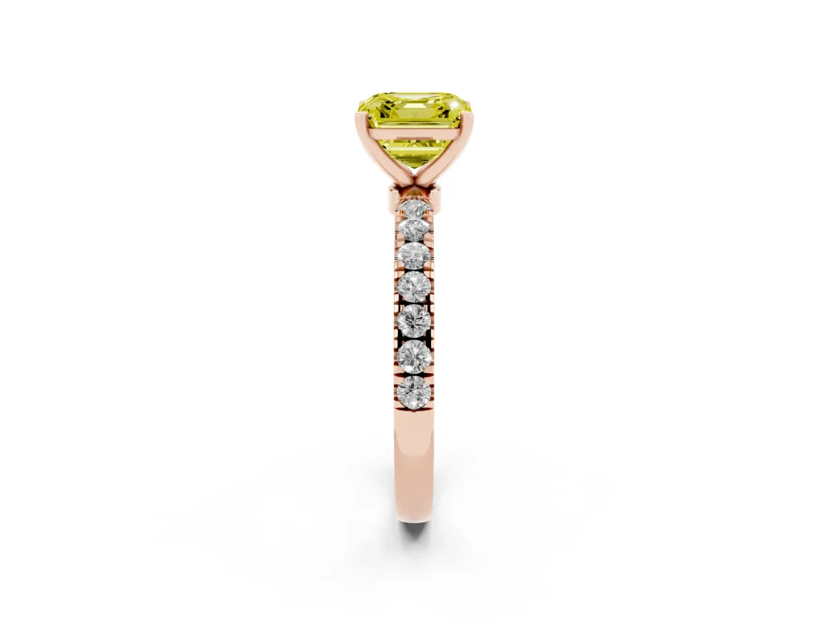 Fancy Yellow Asscher Cut Diamond Solitaire Ring with Pavé Accents and Four-Prong Setting Rose gold