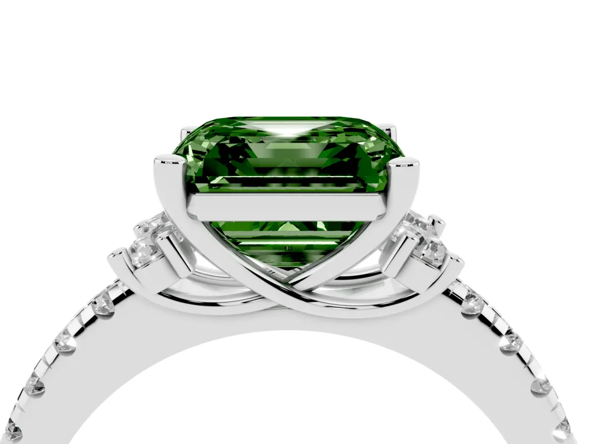 Fancy Green Asscher Cut Diamond Three-Stone Pave Band with Four-Prong Setting Silver