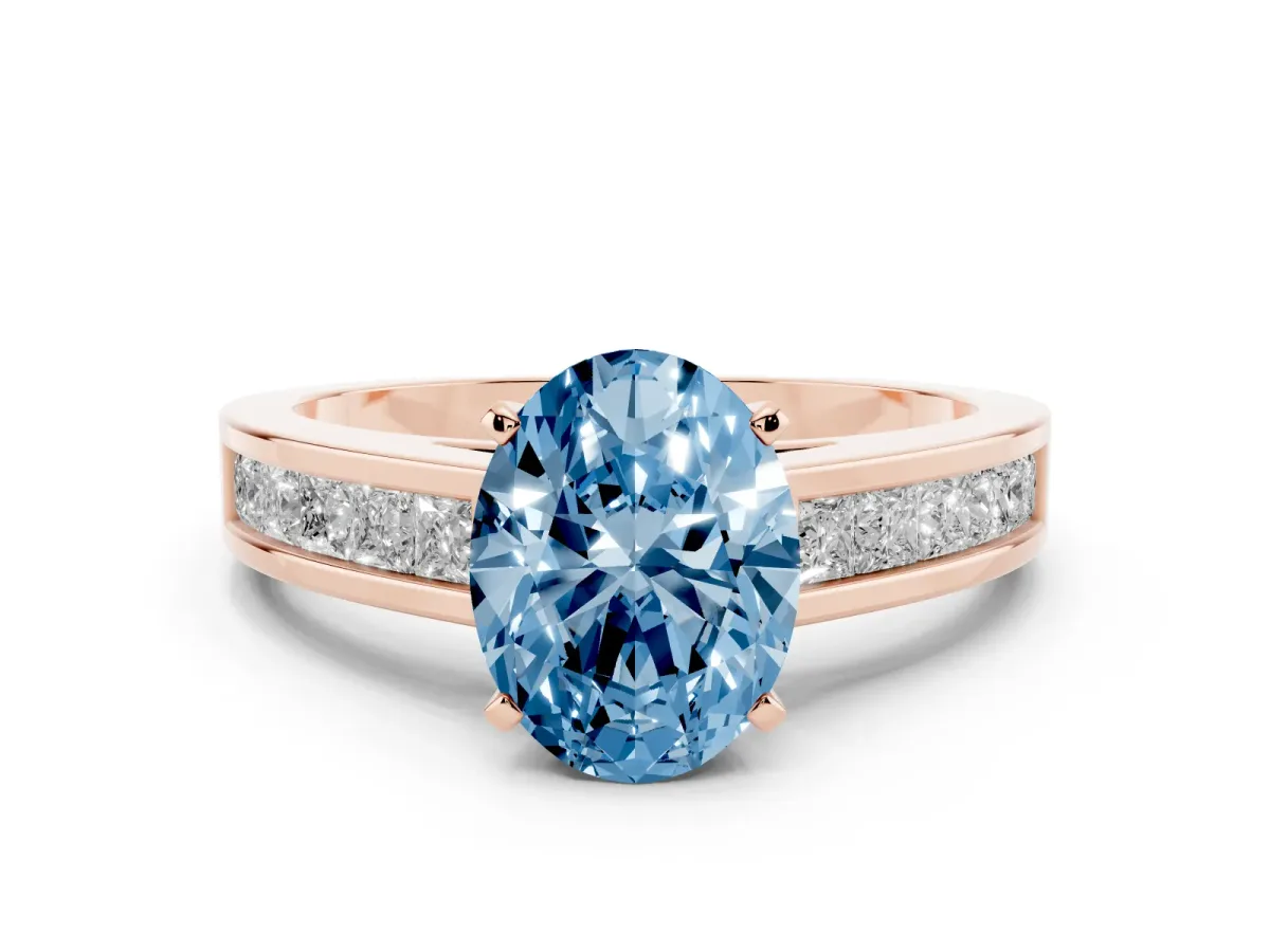 Fancy Blue Oval Cut Solitaire Diamond Ring with Channel-Set Band and Four-Prong Setting Rose gold