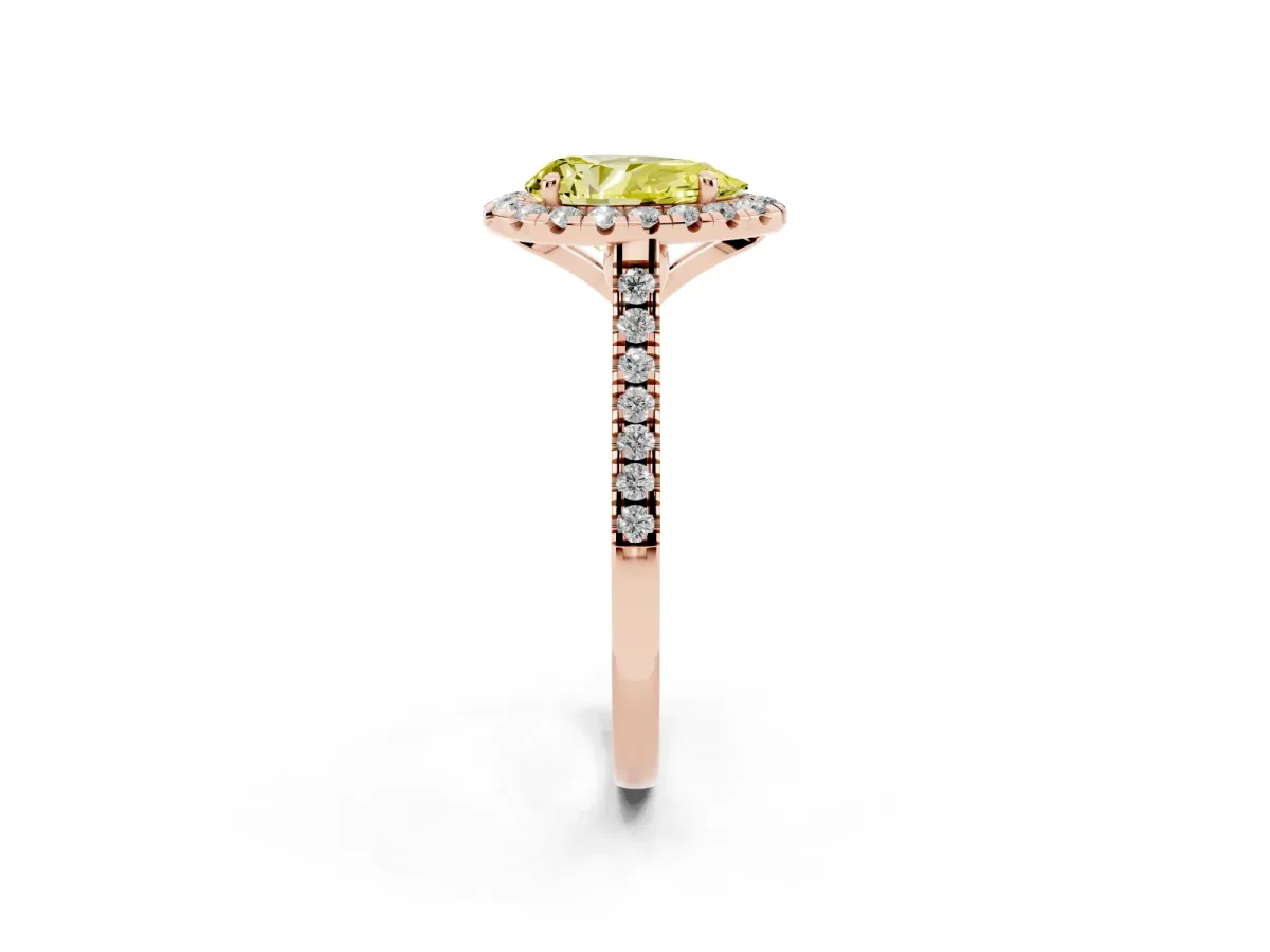 Fancy Yellow Pear Cut Diamond Cushion Halo Ring with Pavé Band Rose gold
