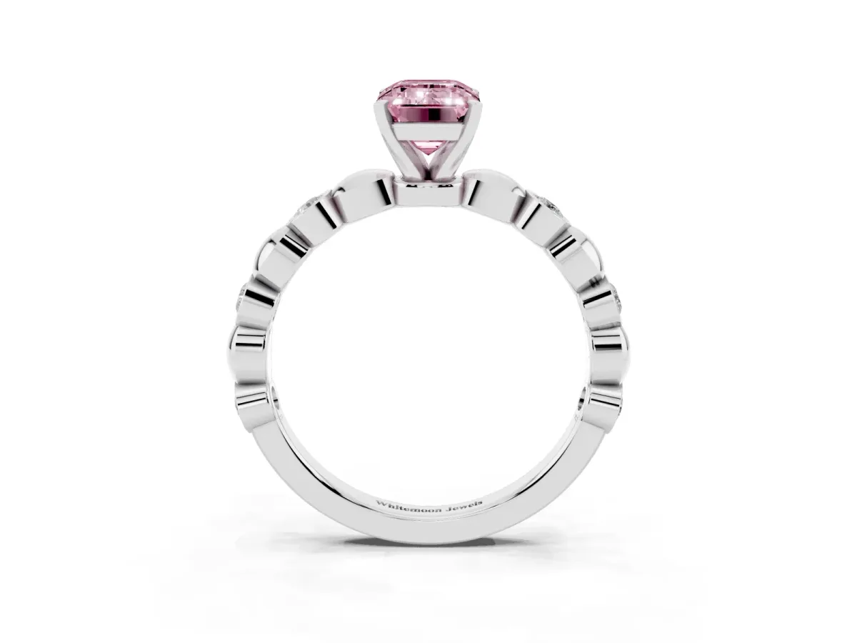 Fancy Pink Emerald Cut Solitaire Bezel-Set Diamond Ring with Beaded Band and Four-Prong Setting Silver