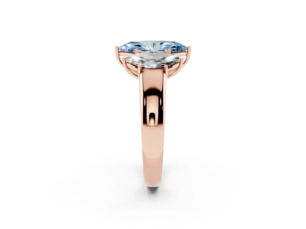 Fancy Blue Three-Stone Marquise Cut Cut Diamond Ring with Prong Setting and Classic Band Rose gold