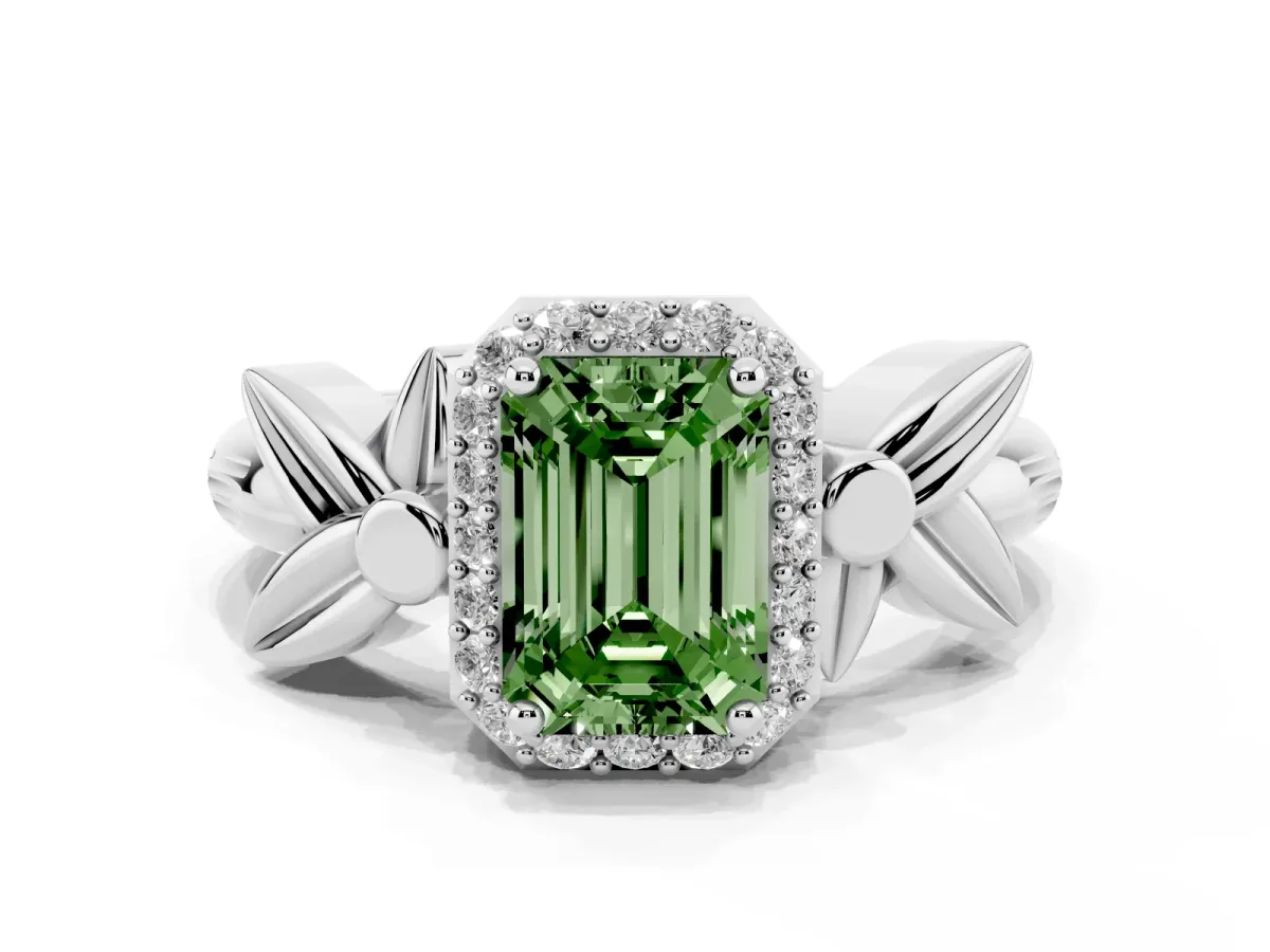 Fancy Green Emerald Cut Halo Diamond Floral Band with Four-Prong Setting Platinum