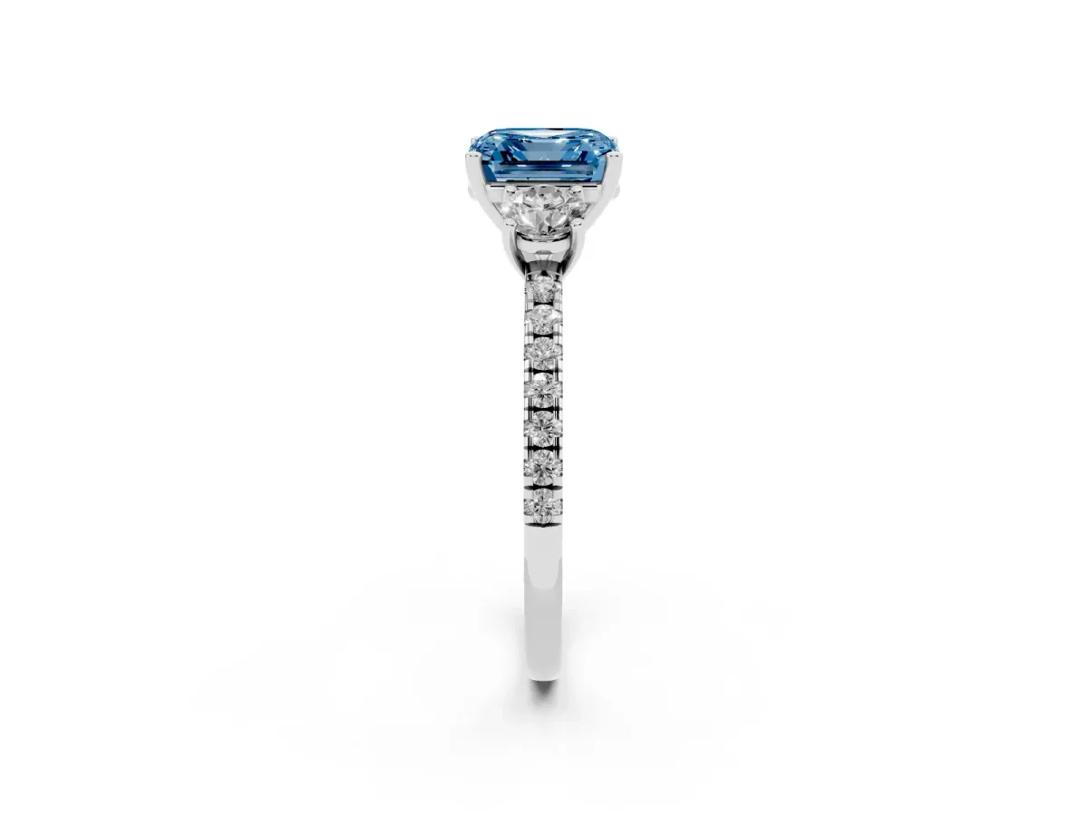 Fancy Blue Three-Stone Asscher Cut Cut Diamond Pavé Band with Prong Setting Silver