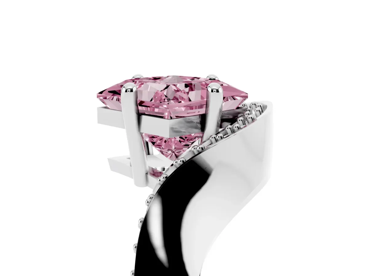 Fancy Pink Princess Cut Solitaire Diamond Engagement Ring with Pave Band and Four-Prong Setting Platinum