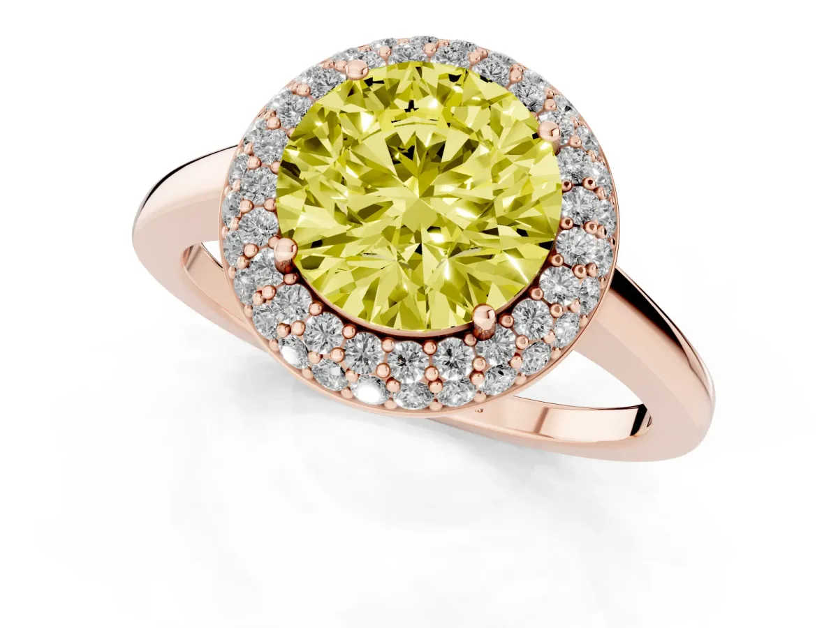 Fancy Yellow Round Cut Halo Diamond Engagement Ring with Solitaire Band and Four-Prong Setting Rose gold