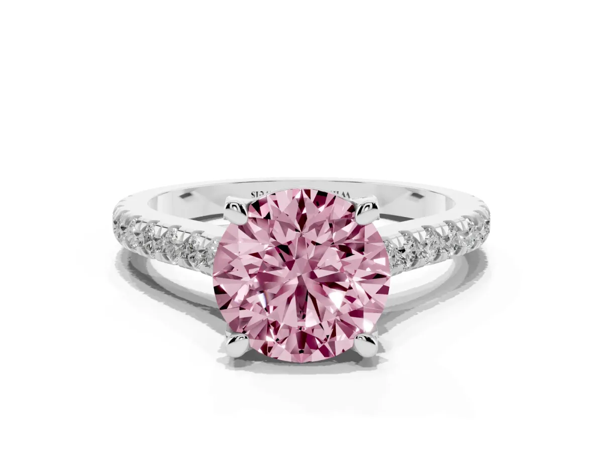 Fancy Pink Round Cut Brilliant Diamond Solitaire with Pavé Band and Four-Prong Setting White gold