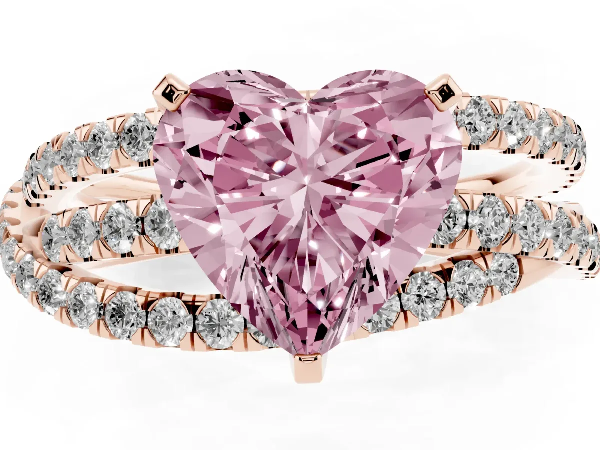 Fancy Pink Heart Cut Solitaire Twist Band with Pavé Setting and Four-Prong Setting Rose gold
