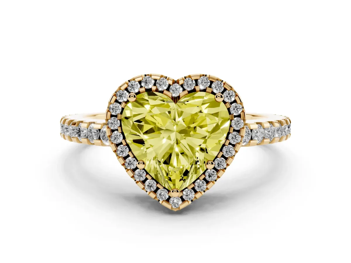 Fancy Yellow Heart Cut Diamond Halo Engagement Ring with Pavé Band and Prong Setting Yellow gold