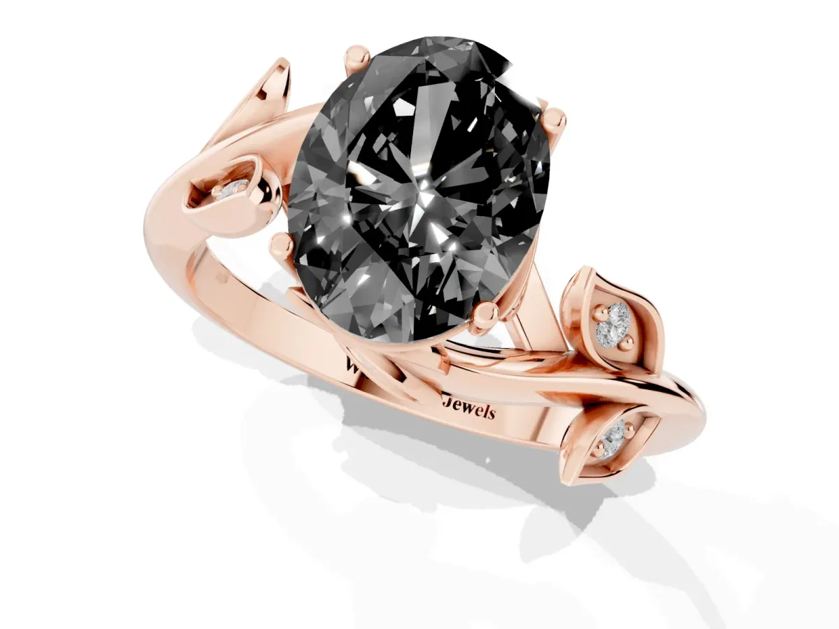 Fancy Black Oval Cut Solitaire Twist Engagement Ring with Leaf Accents and Prong Setting Rose gold