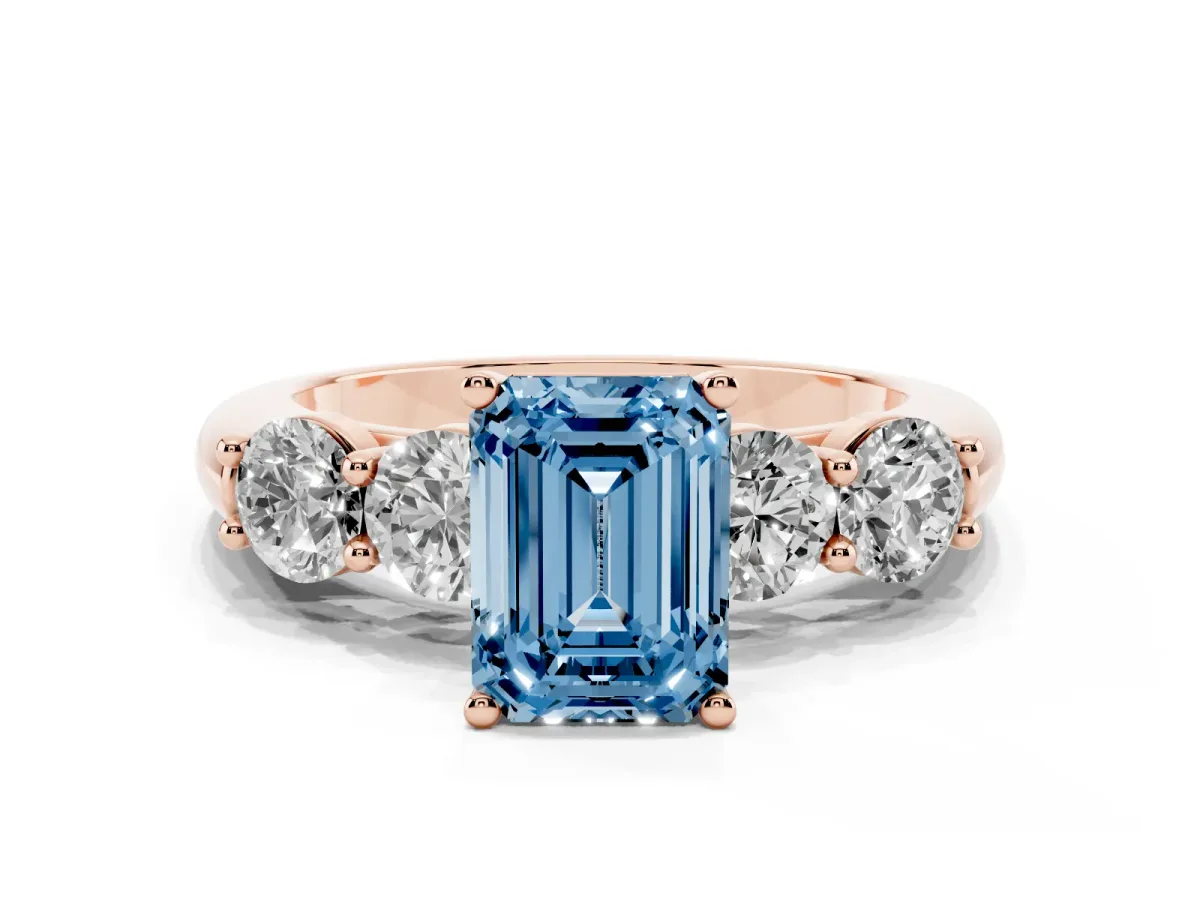 Fancy Blue Emerald Cut Cut Five-Stone Prong Set Diamond Ring with Classic Band Rose gold