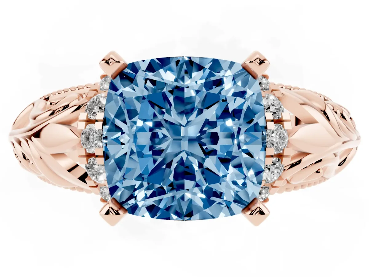 Fancy Blue Cushion Cut Solitaire Filigree Engagement Ring with Halo and Prong Setting Rose gold