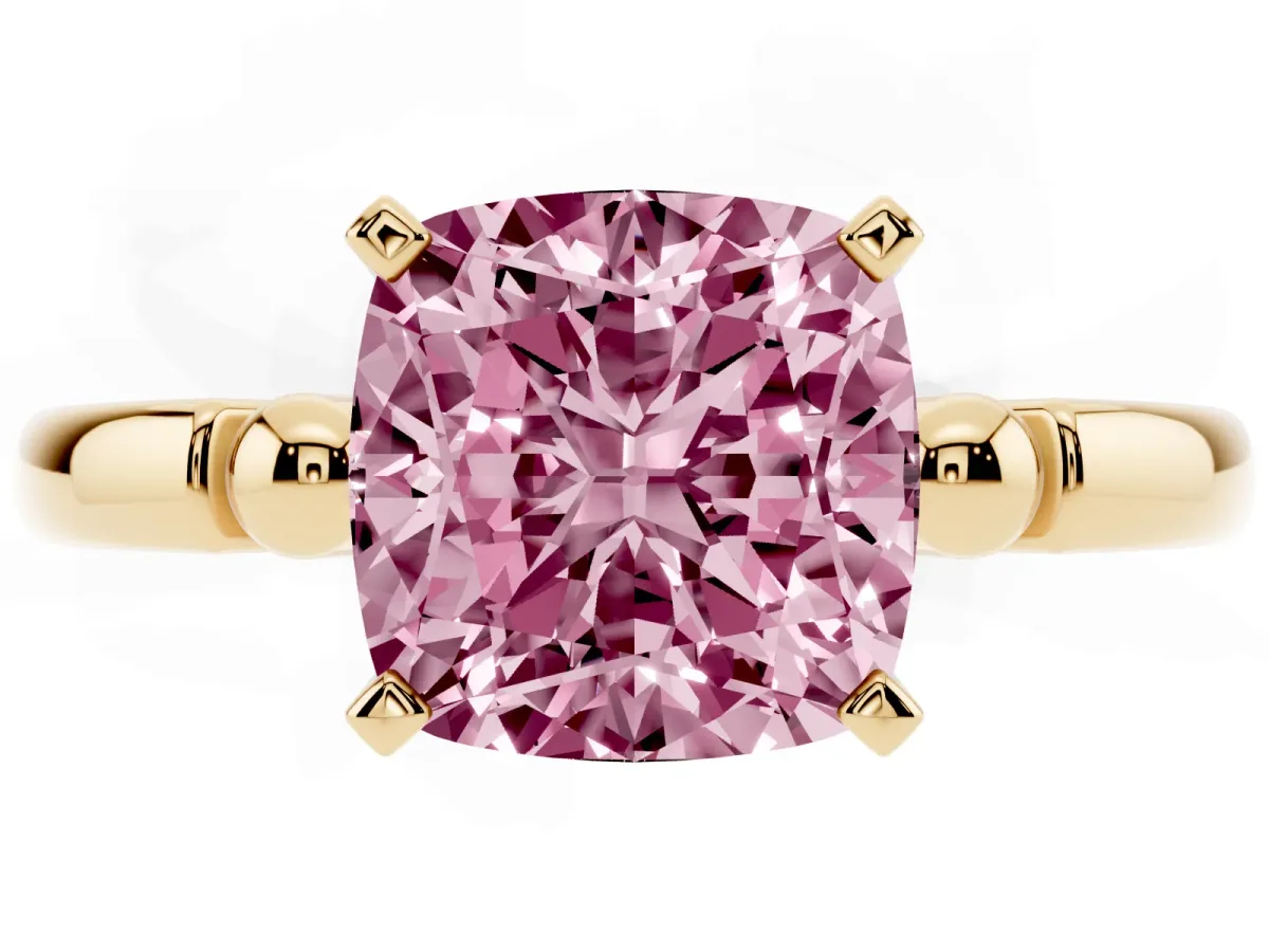 Fancy Pink Cushion Cut Solitaire Beaded Band with Four-Prong Setting Yellow gold