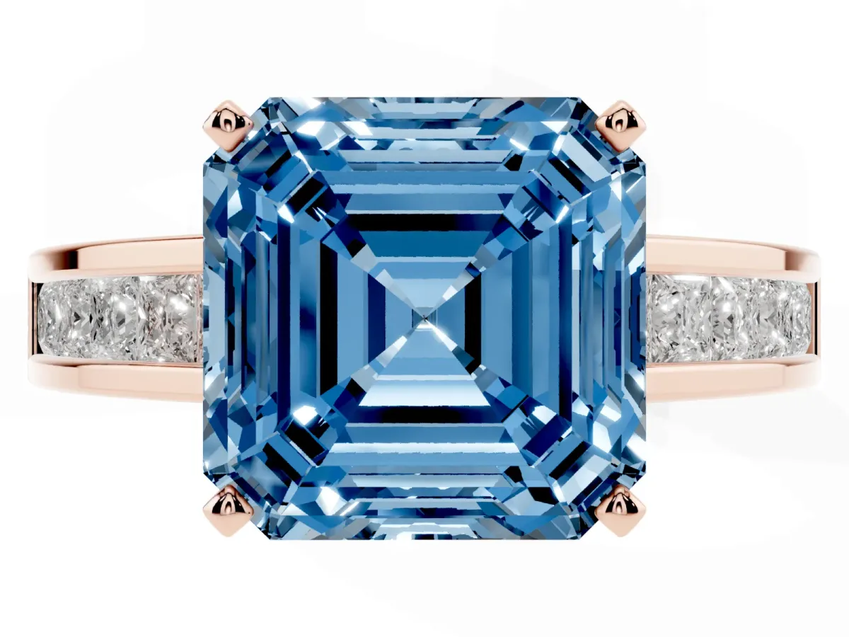 Fancy Blue Asscher Cut Solitaire Diamond Ring with Channel-Set Band and Four-Prong Setting Rose gold