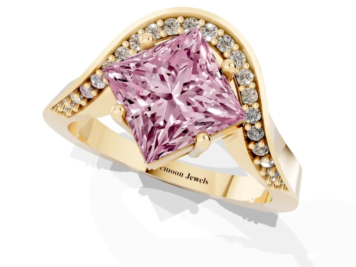 Fancy Pink Princess Cut Solitaire Diamond Engagement Ring with Pave Band and Four-Prong Setting Yellow gold