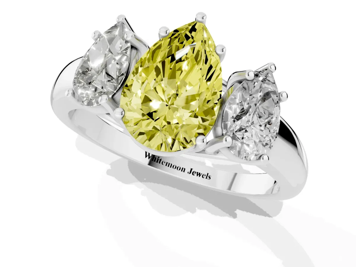 Fancy Yellow Three-Stone Pear Cut Diamond Engagement Ring with Prong Setting Platinum