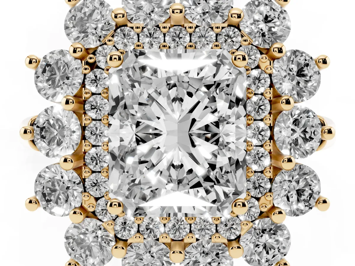 Radiant Cut Diamond Floral Double Halo Engagement Ring with Prong Setting Yellow gold