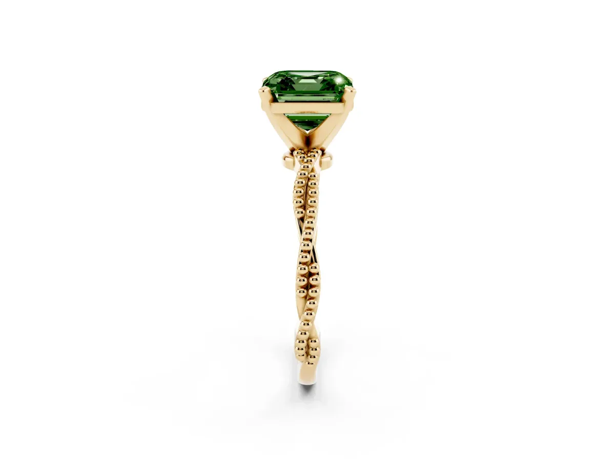 Fancy Green Asscher Cut Solitaire Twisted Band with Bead Prong Setting Yellow gold