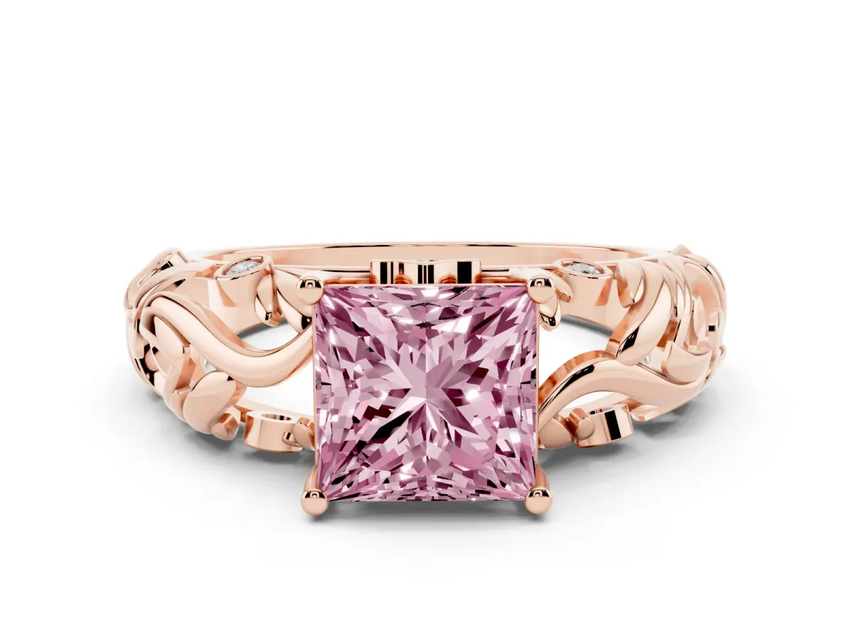 Fancy Pink Princess Cut Solitaire Diamond Leaf-Inspired Vine Band Ring with Prong Setting Rose gold