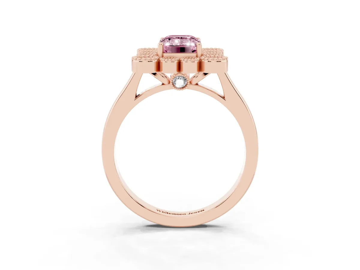 Fancy Pink Emerald Cut Halo Diamond Cluster Engagement Ring with Milgrain Bezel Setting and Solitaire Band Rose gold