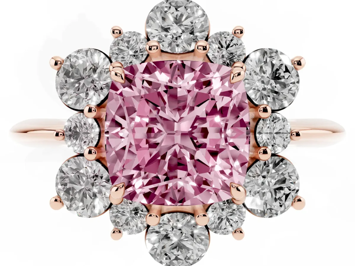 Fancy Pink Cushion Cut Diamond Cluster Halo Ring with Solitaire Band and Four-Prong Setting Rose gold