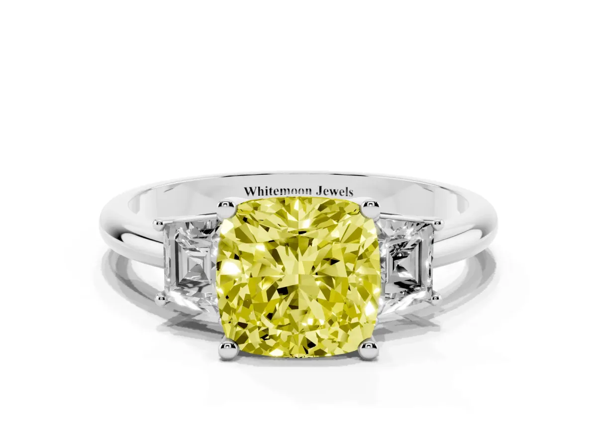 Fancy Yellow Cushion Cut Diamond Three-Stone Ring with Trapezoid Side Stones and Prong Setting Silver