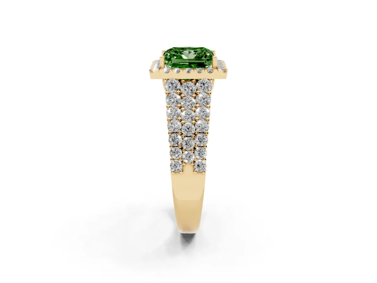Fancy Green Princess Cut Diamond Halo Engagement Ring with Triple Row Round Pavé Band and Prong Setting Yellow gold