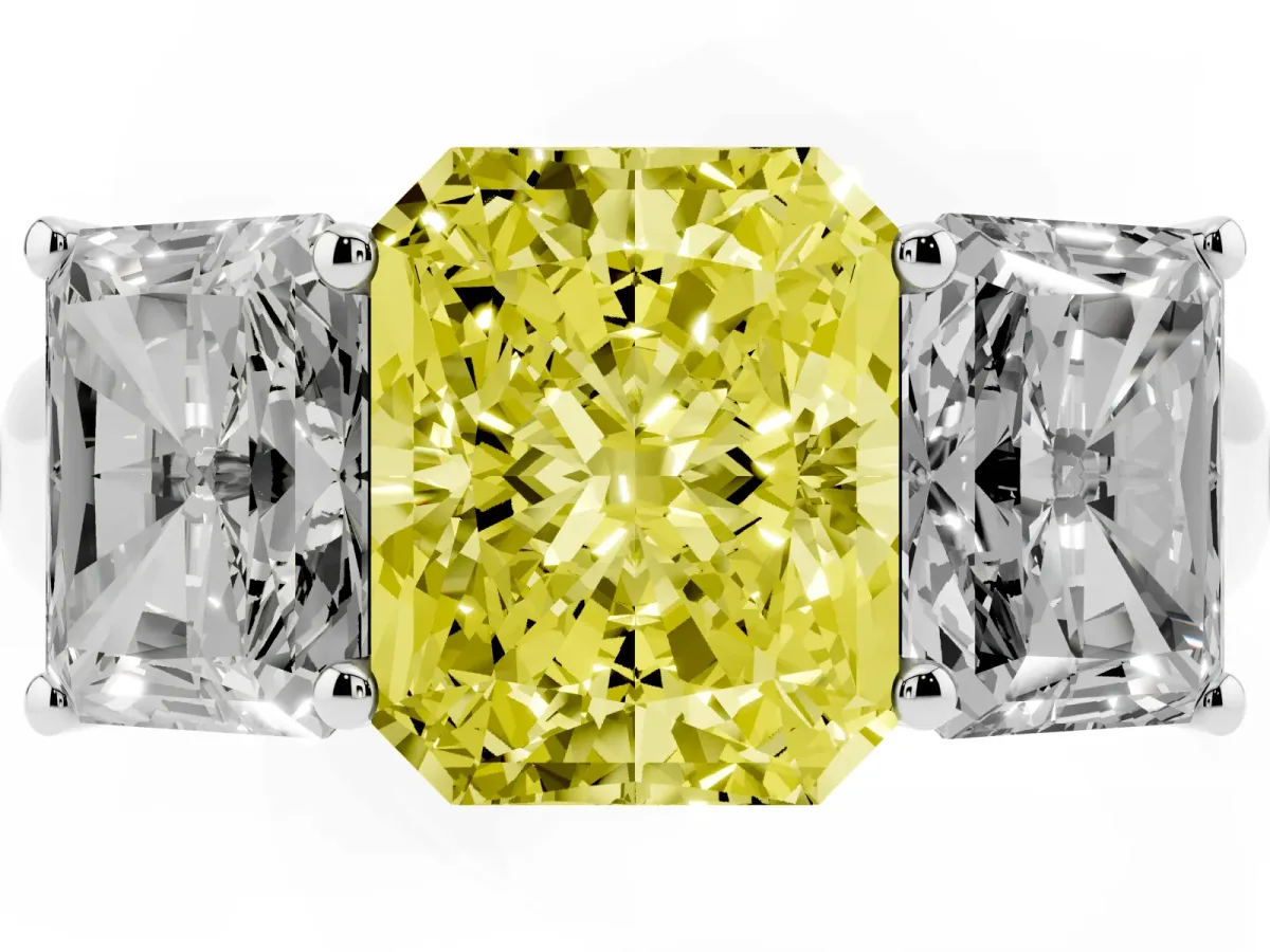 Fancy Yellow Radiant Cut Three-Stone Diamond Ring with Prong Setting on a Classic Band Silver