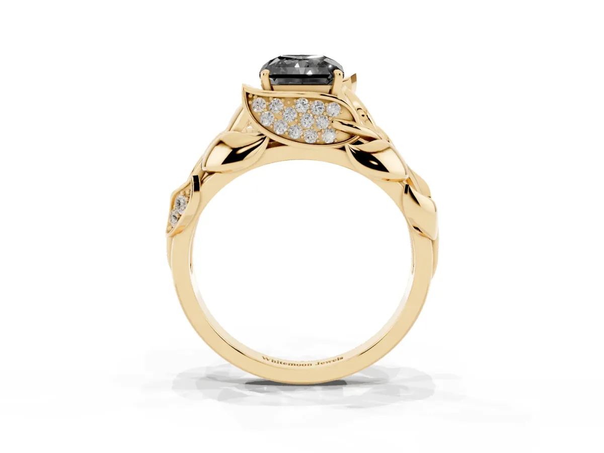 Fancy Black Radiant Cut Diamond Leaf-Inspired Engagement Ring with Round Accents and Prong Setting Yellow gold