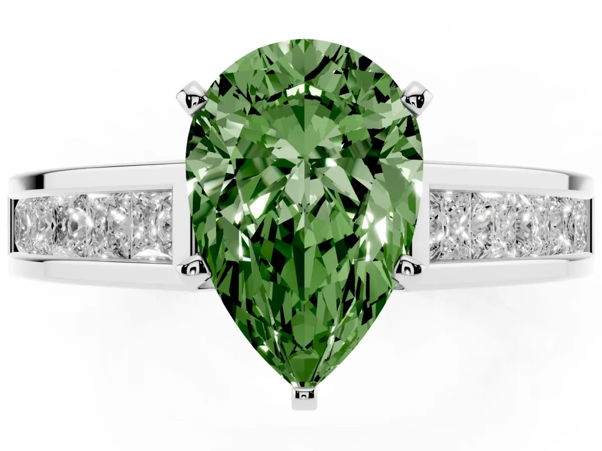 Fancy Green Pear Cut Solitaire Diamond Ring with Channel-Set Band and Four-Prong Setting Silver