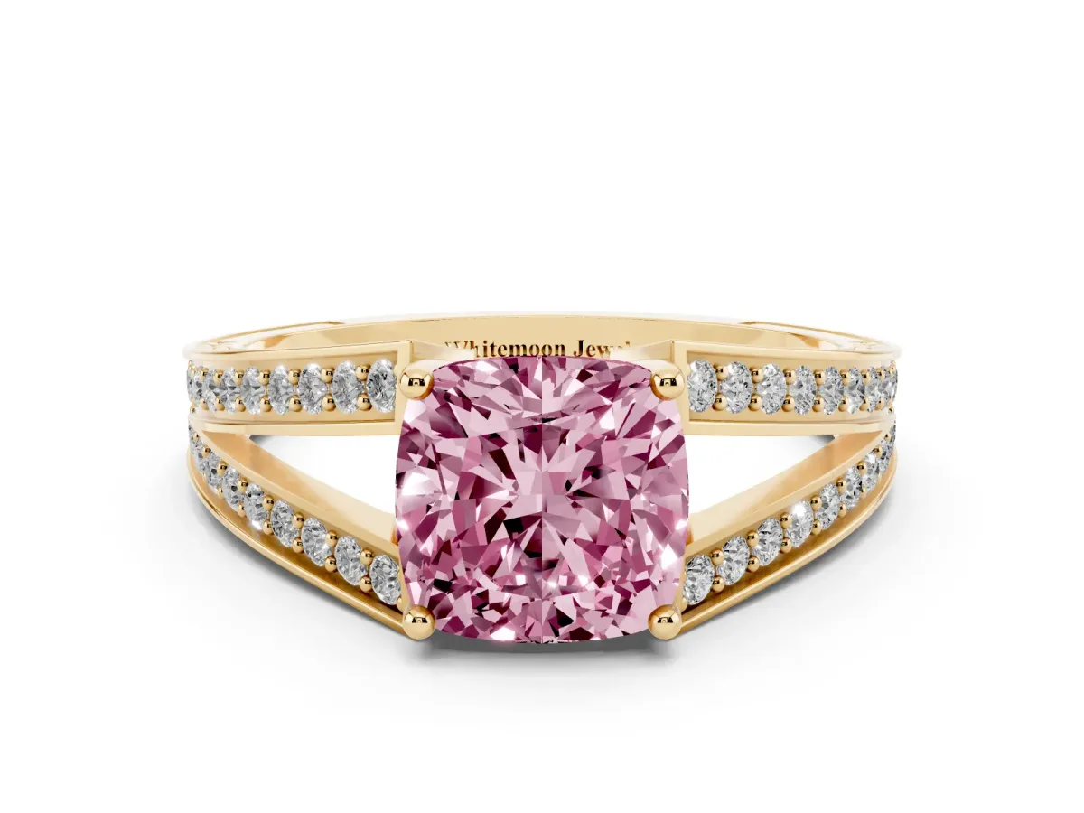 Fancy Pink Cushion Cut Diamond Split Shank Ring with Pavé Band and Four-Prong Setting Yellow gold