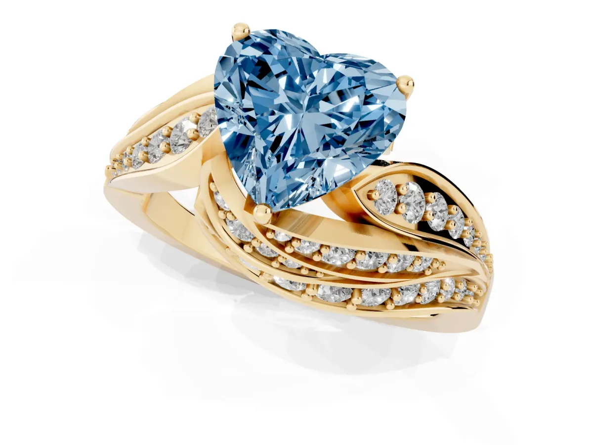 Fancy Blue Heart Cut Diamond Solitaire Ring with Prong Setting and Twisted Pavé Band Yellow gold