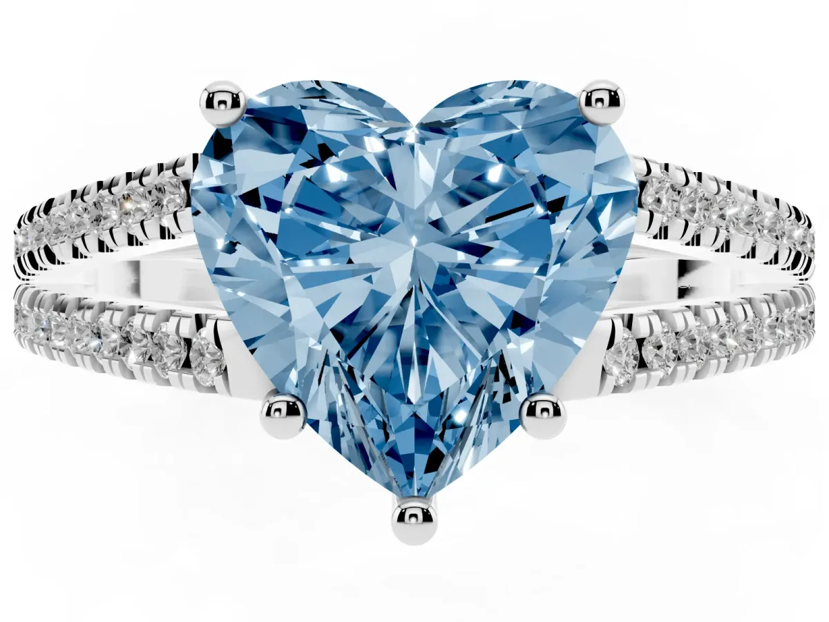 Fancy Blue Heart Cut Diamond Solitaire Engagement Ring with Split Shank Pavé Band Silver