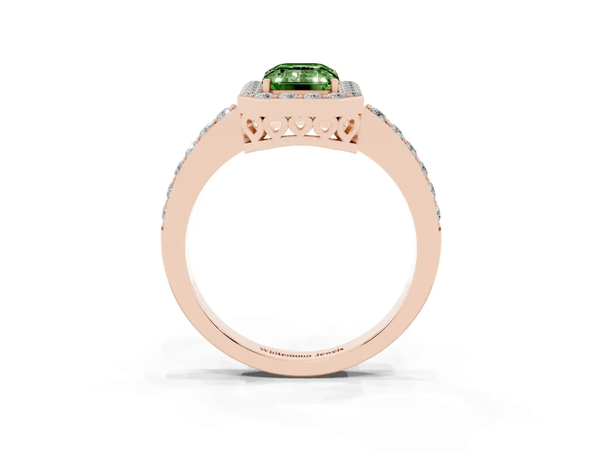 Fancy Green Emerald Cut Halo Diamond Pavé Band Ring with Prong Setting Rose gold
