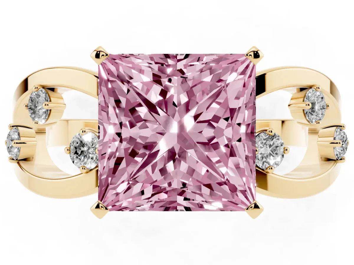 Fancy Pink Princess Cut Cut Solitaire Diamond with Side Stones on Criss-Cross Band and Four-Prong Setting Yellow gold
