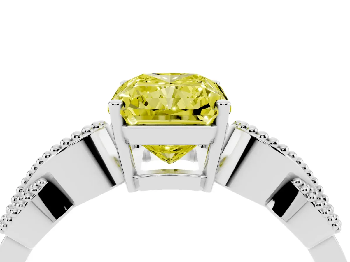 Fancy Yellow Princess Cut Solitaire Milgrain Leaf Band with Prong Setting Silver