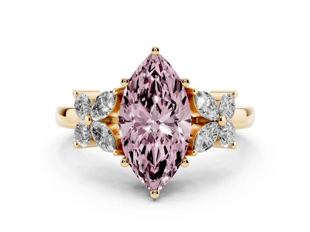 Fancy Pink Marquise Cut Diamond Floral Cluster Ring with Solitaire Band and Prong Setting Yellow gold