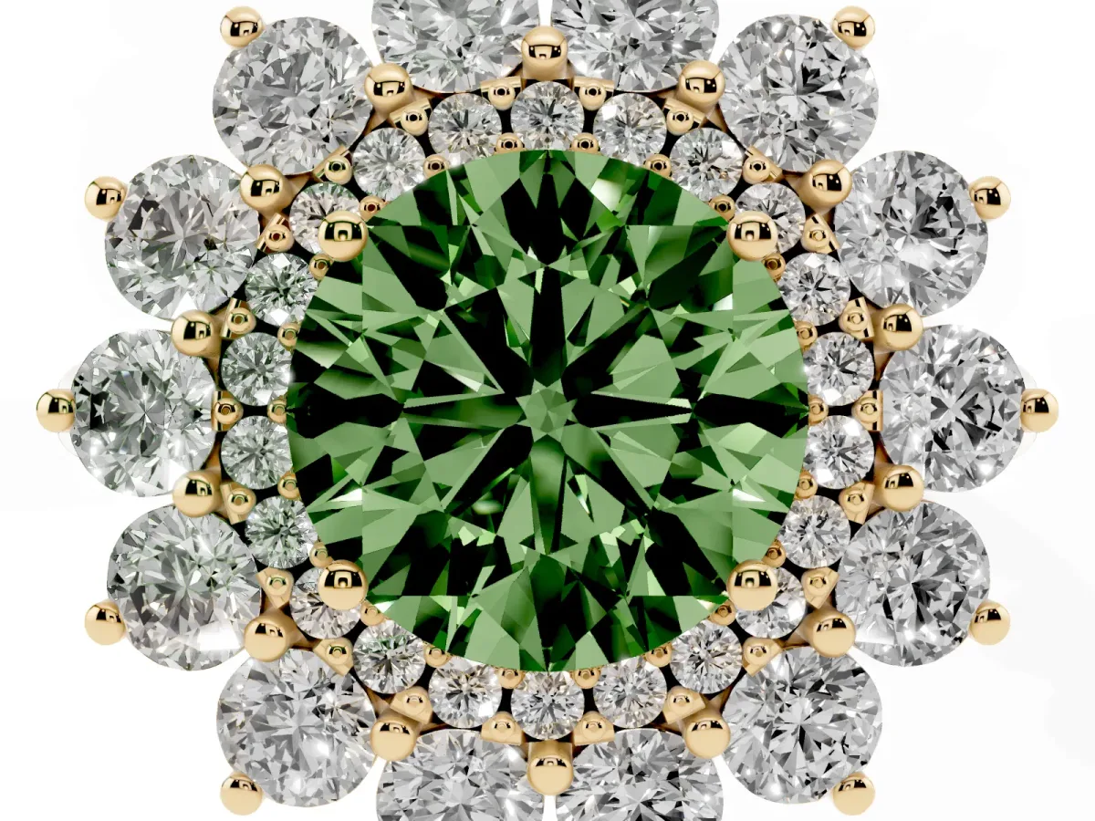 Fancy Green Round Cut Diamond Floral Double Halo Engagement Ring with Prong Setting Yellow gold